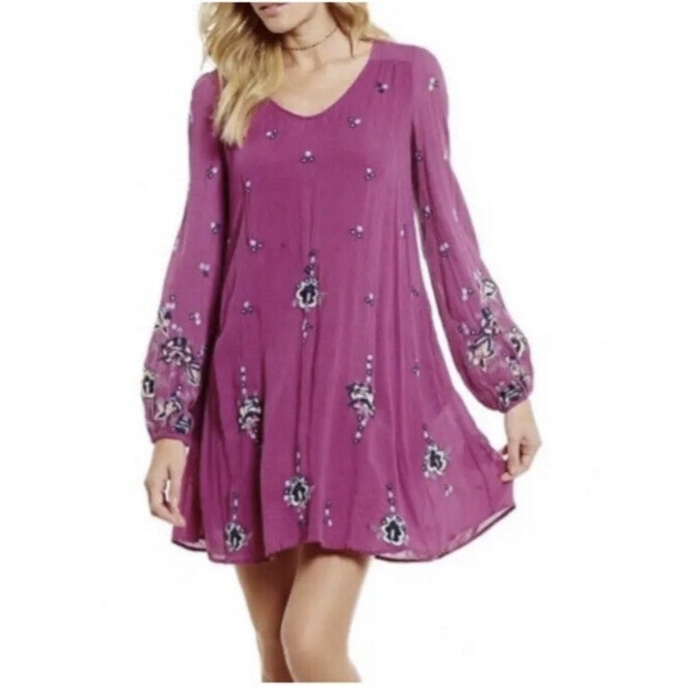 Free People Oxford Embroidered Swing Dress with Pockets Purple Womens Size XS